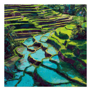 Vibrant Bali Indonesian Rice Terraces Vintage  Poster
