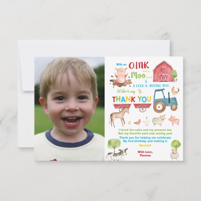 Vibrant Barnyard Farm Animals Birthday Party Photo Thank You Card (Front)