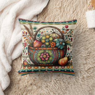 Vibrant basket of flowers and decorated eggs cushion