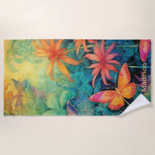 Vibrant Batik Watercolor Floral With Butterflies  Beach Towel