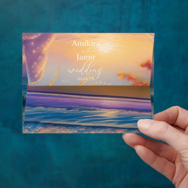 Vibrant Beach Background Faux Glitter Wedding Envelope (Hand)