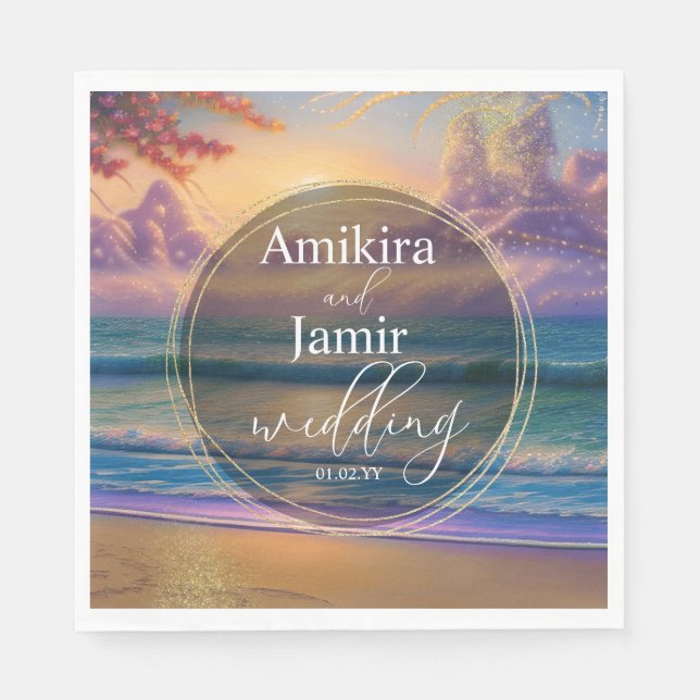 Vibrant Beach Background Faux Glitter Wedding Napkin (Front)