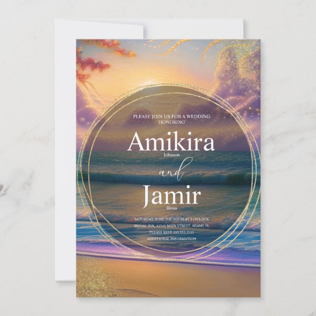 Vibrant Beach Background Glitter Wedding Invitation (Front)