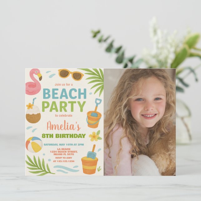 Vibrant Beach Birthday Invitation & Decor for Kids (Standing Front)