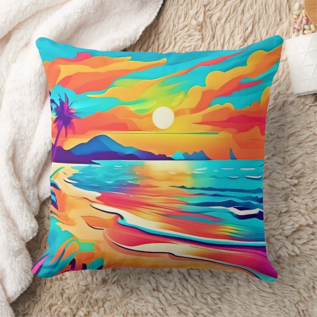 Vibrant Beach Sunset Art Cushion (Blanket)