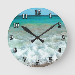 Vibrant Beach Watercolor Scene Round Clock