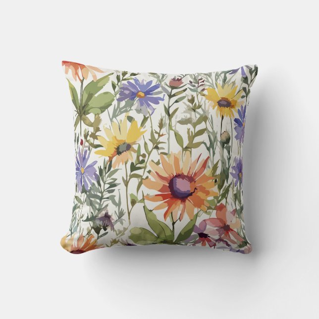 Vibrant Beauty | Watercolor Wildflower Decorative Cushion (Front)