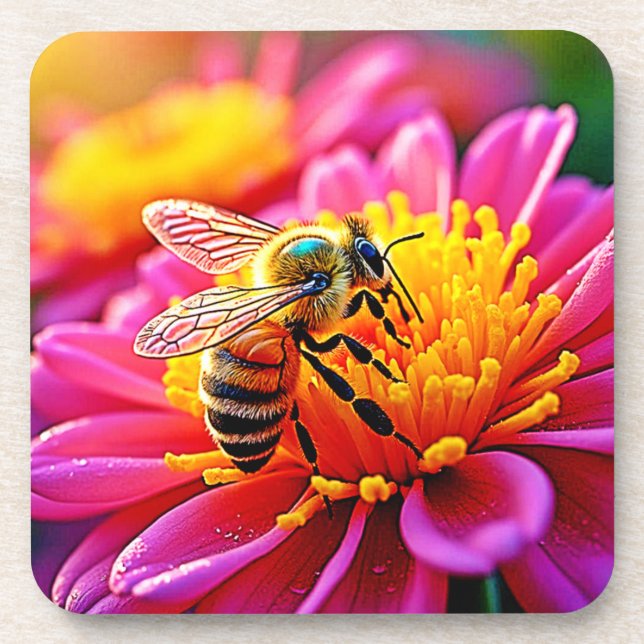 Vibrant Bee on Bloom Design Coaster (Front)