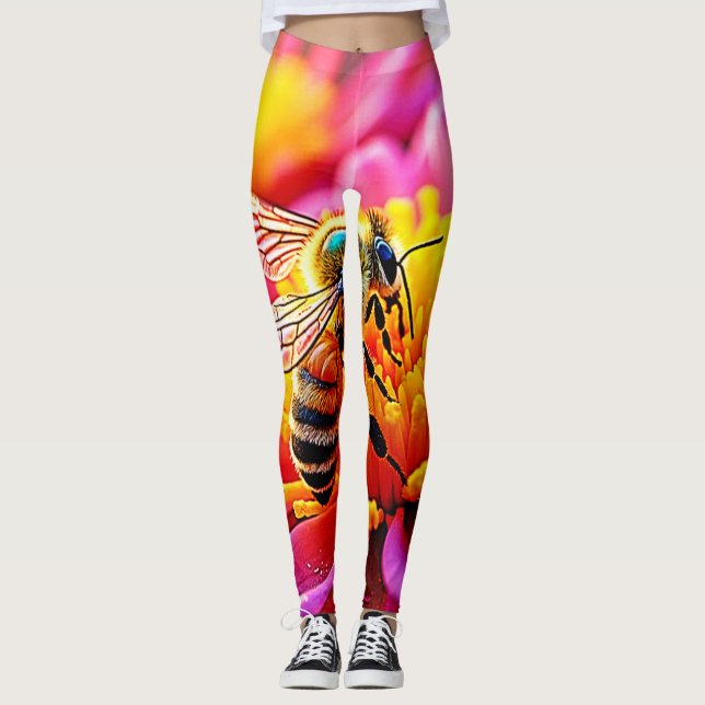 Vibrant Bee on Bloom Design Leggings (Front)