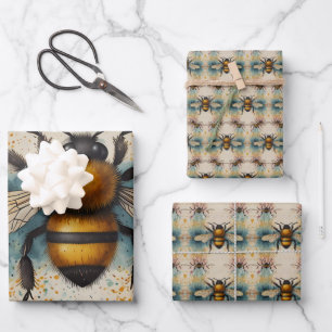 Vibrant Bee Watercolour Pattern Wrapping Paper Sheet