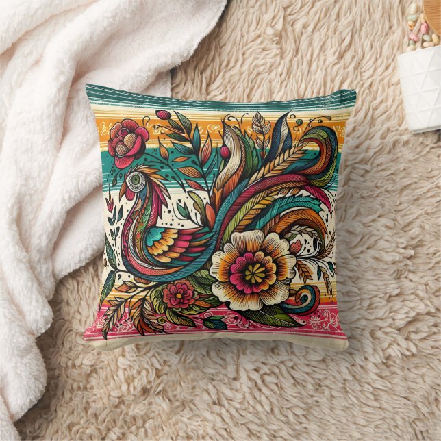 Vibrant bird and flower design in colourful swirls cushion (Blanket)