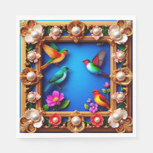 Vibrant Birds Encircled by Ornate Floral Frame Napkin