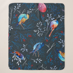 Vibrant Birds: Gouache Dark Elegance Sherpa Blanket