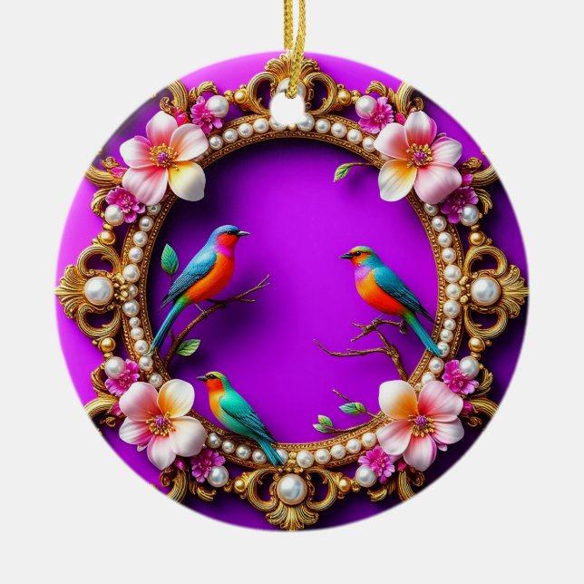 Vibrant Birds Perched Ceramic Tree Decoration (Front)