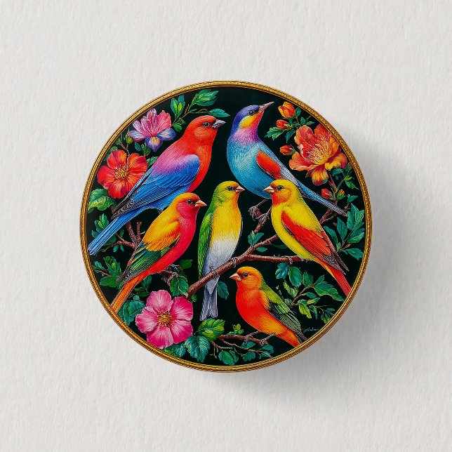 Vibrant Birds Perched on Flowering Branches 3 Cm Round Badge (Front)
