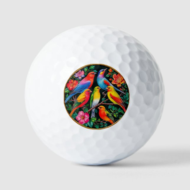Vibrant Birds Perched on Flowering Branches Golf Balls (Front)