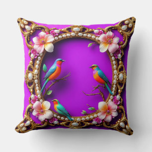 🦜 Vibrant Birds Purple Floral Nature Art 🦜 Cushion