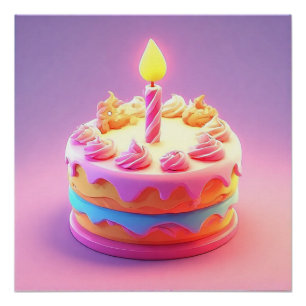 Vibrant Birthday Cake with Candle Poster