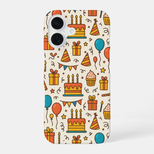 Vibrant Birthday Party Seamless Pattern iPhone 16 Case (Back)