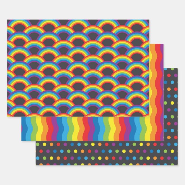 Vibrant Black and Rainbow Patterns Wrapping Paper Sheet (Set)