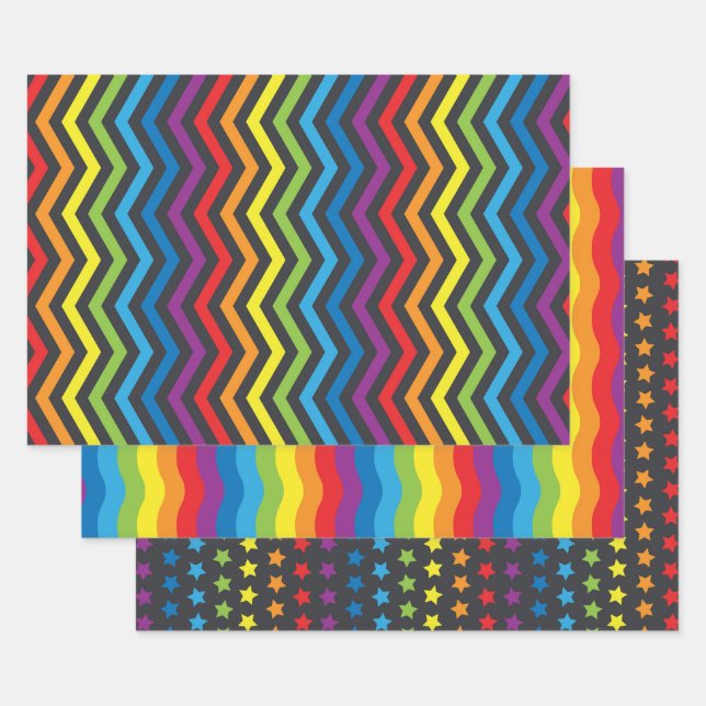 Vibrant Black and Rainbow Patterns Wrapping Paper Sheet (Set)