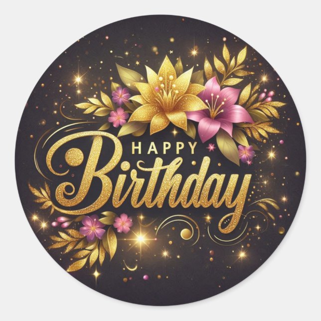 Vibrant black floral birthday sticker  (Front)