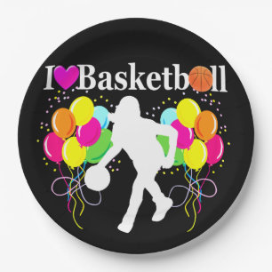 VIBRANT BLACK I LOVE BASKETBALL PAPER PLATES