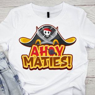 Vibrant Black Pirate Hat with 'Ahoy Maties!' Text T-Shirt