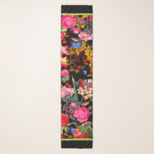 Vibrant Black Vintage Rose Garden Chiffon Scarf