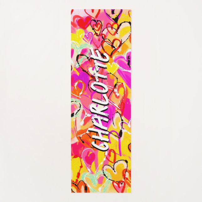Vibrant Bliss: Pink and Yellow Graffiti Hearts  Yoga Mat (Front)