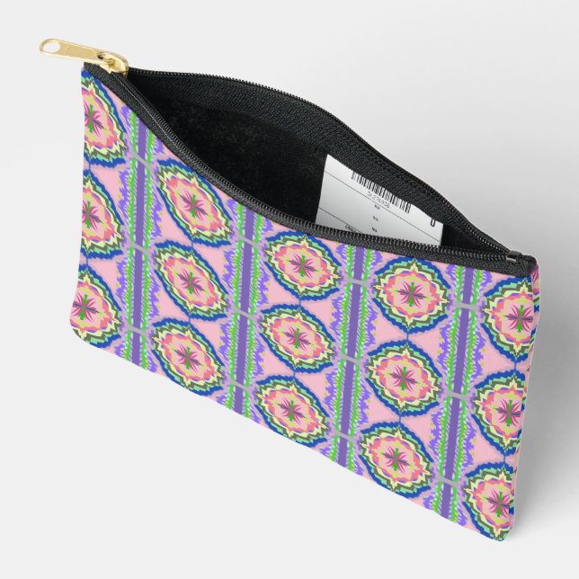 Vibrant Bloom Kaleidoscope: Pink & Emerald Mandala Accessory Pouch (Open)