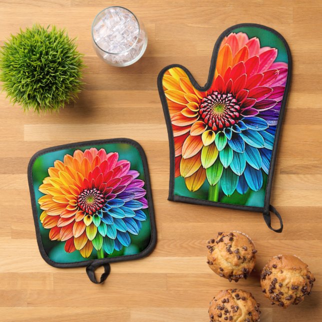 Vibrant Bloom of Hope and Joy Design Oven Mitt & Pot Holder Set (Top Down)