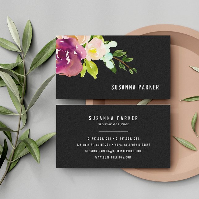 Vibrant Bloom | Watercolor Floral Black Business Card (Creator Uploaded)