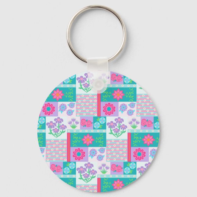 Vibrant Blooming Flowers Design Key Ring (Front)