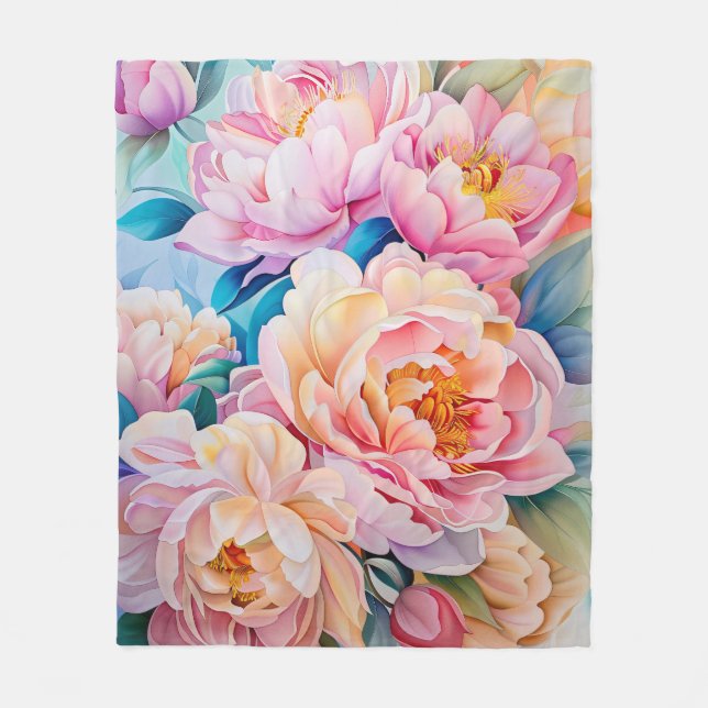 Vibrant Blooming Peonies in Soft Pastel Fleece Blanket (Front)
