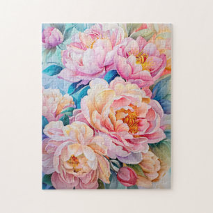 Vibrant Blooming Peonies in Soft Pastel Jigsaw Puzzle