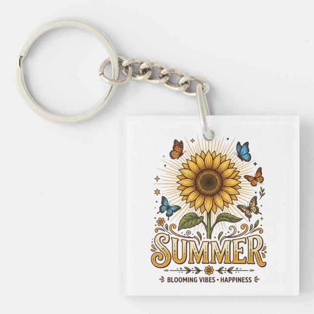 Vibrant Blooming summer sunflower with Butterflies Key Ring (Front)