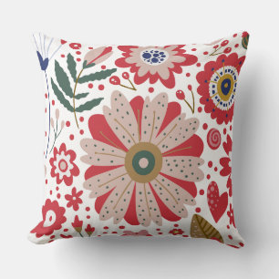Vibrant Blossoms, Red, Beige, Green Cushion