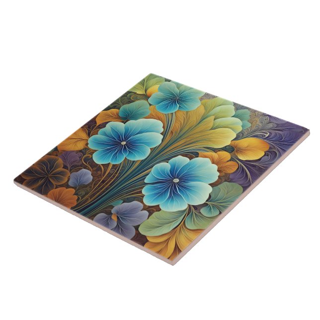 Vibrant Blue and Orange Floral Design Tile (Side)