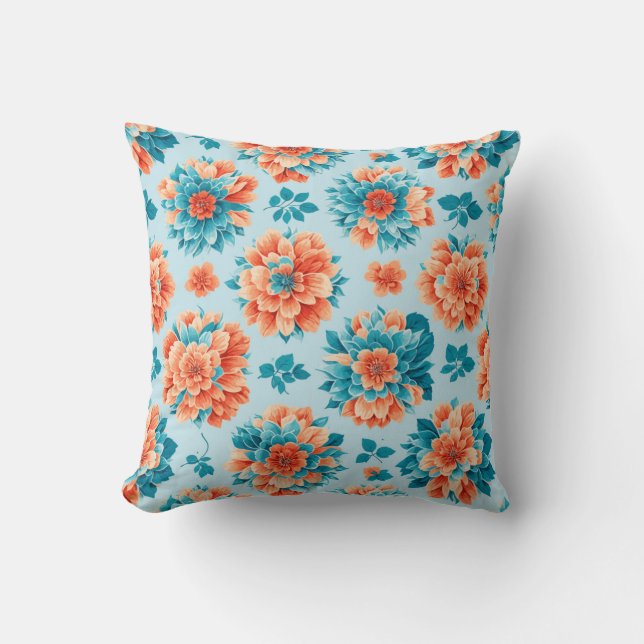 Vibrant Blue and Orange Floral Illustration Cushion (Front)