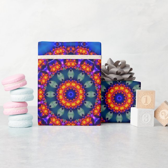 Vibrant Blue and Orange Psychedelic Kaleidoscope Wrapping Paper (Baby Shower)