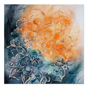 Vibrant blue and orange watercolor Mandala Poster