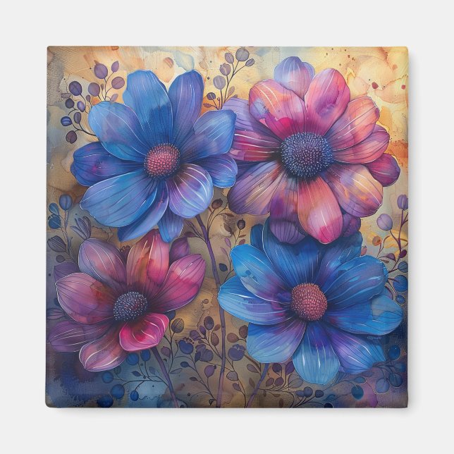 Vibrant Blue and Purple Floral Magnet (Front)