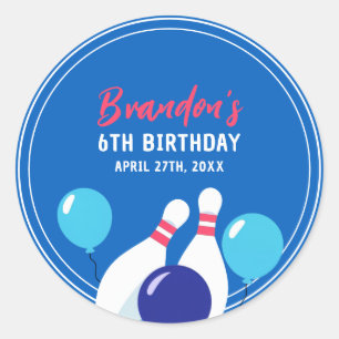 Vibrant Blue and Red Bowling 6th Birthday Classic Round Sticker
