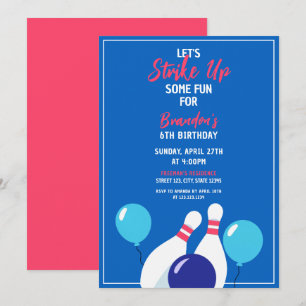 Vibrant Blue and Red Bowling 6th Birthday Invitation