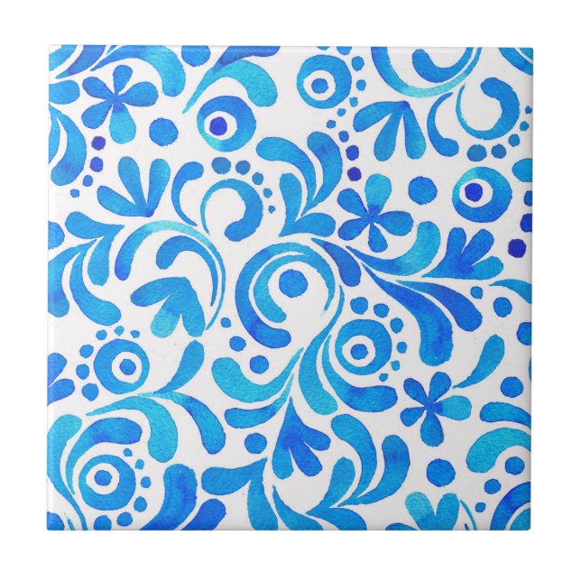 Vibrant Blue and White Watercolor Botanical Tile (Front)