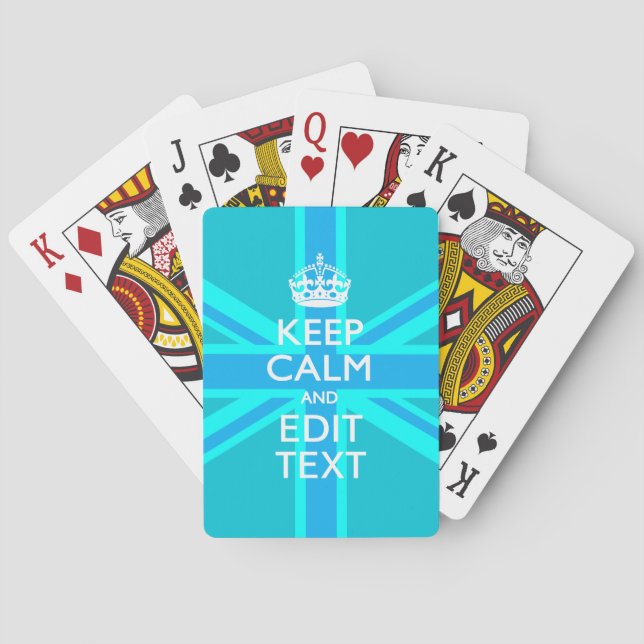Vibrant Blue Aqua Keep Calm Your Text Union Jack Playing Cards (Back)