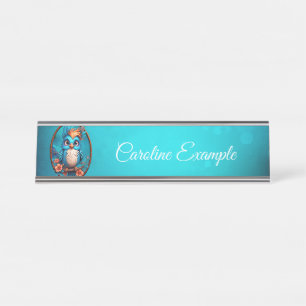 Vibrant blue bird in a cartoon style desk name plate
