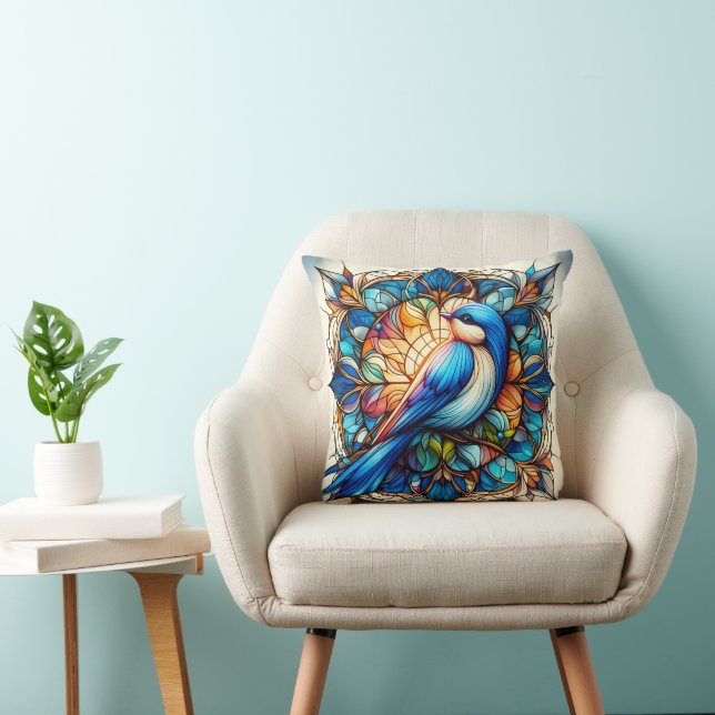 Vibrant Blue Bird Perched on Flower Cushion (Chair)