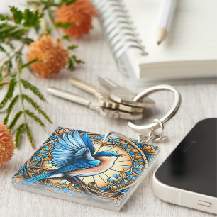 Vibrant Blue Bird Perched on Stained Glass Key Ring